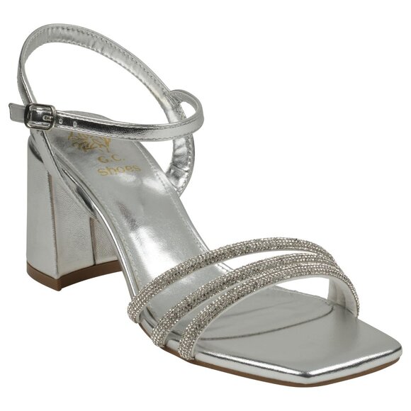 GC Shoes Women's Tyra Embellished Block Heel Dress Sandals, Silver, 6 - Picture 1 of 1